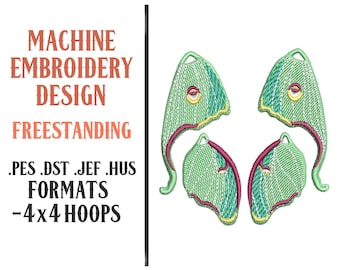 Freestanding Luna Moth Wing Earrings (Larger Size) - Machine Embroidery Design - Digital Download - 4x4 Hoops - PES JEF DST Hus Formats