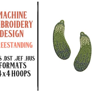 May include: Machine embroidery design of two green and white freestanding pickle shapes. The design is available in PES, DST, JEF, and HUS formats and is suitable for 4x4 hoops.