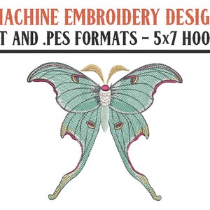 May include: Machine embroidery design of a green and pink luna moth with gold accents. The design is available in .DST and .PES formats and is sized for a 5x7 hoop.