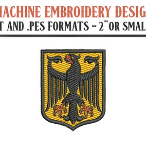 May include: Machine embroidery design of a black eagle with yellow and red accents on a yellow shield. The design is available in .DST and .PES formats and is 2 inches or smaller.