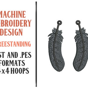 May include: Machine embroidery design showing two grey feather designs. Text on the left reads "MACHINE EMBROIDERY DESIGN - FREESTANDING .DST AND .PES FORMATS -4x4 HOOPS". The feathers have a detailed, textured appearance.