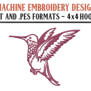 May include: Machine embroidery design of a pink hummingbird in flight. The design is available in .DST and .PES formats and is suitable for 4x4 hoops.