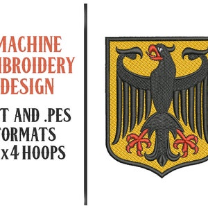 Könnte beinhalten: Maschinenstickdesign des deutschen Wappens mit einem schwarzen Adler mit roten Krallen auf einem gelben Schild. Das Design ist in den Formaten .DST und .PES verfügbar und für 4x4-Ringe geeignet.