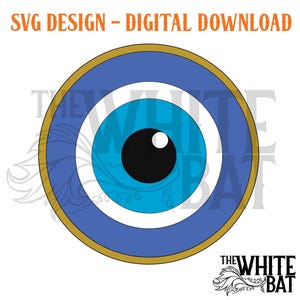 May include: A blue evil eye with concentric circles in white and blue, surrounded by a gold ring. The evil eye is a popular symbol of protection against negative energy.