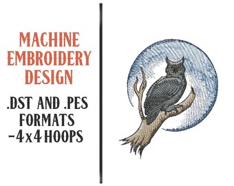 Owl and Full Moon - Machine Embroidery Design - Digital Download - 4x4 Hoops - DST and PES Formats