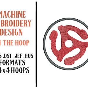 May include: Machine embroidery design of a red vinyl record in a gray circle. The design is for 4x4 hoops and comes in PES, DST, JEF, and HUS formats.  "In the hoop" and "Formats" are written in black text.