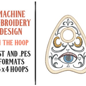 May include: Machine embroidery design of a beige planchette with a blue eye, yellow crescent moons, and black and white details. The design is for 4x4 inch embroidery hoops and comes in .DST and .PES formats.