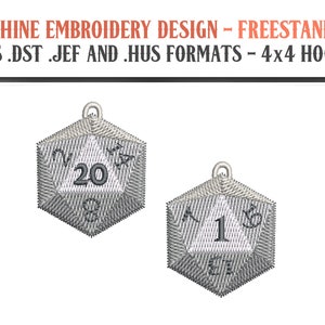 Freestanding 20 Sided Dice Earrings - Machine Embroidery Design - Digital Download - 4x4 Hoops - DST and PES Formats