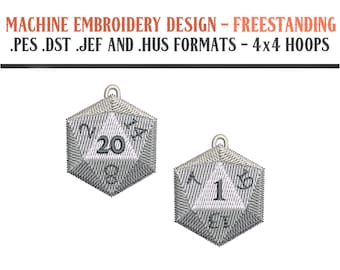 May include: Two silver-colored, embroidered, 20-sided dice with black numbers. The dice are freestanding and designed for 4x4 embroidery hoops. The file formats are .PES, .DST, .JEF, and .HUS.