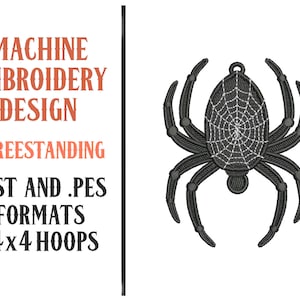 May include: Machine embroidery design of a freestanding black spider with a white web on its back. The design is available in .DST and .PES formats and is suitable for 4x4 hoops.