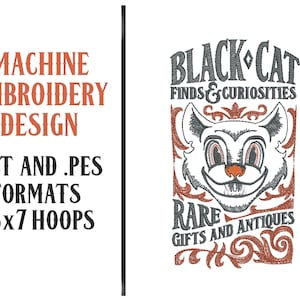 Black Cat Finds and Curiosities Vintage Sign - Machine Embroidery Design - Digital Download - 5x7 Hoops - DST and PES Formats
