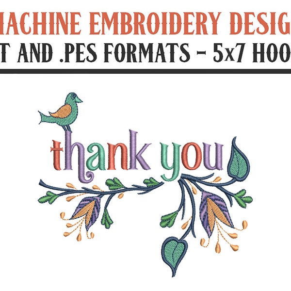Thank You With German Folk Flowers - Machine Embroidery Design - Digital Download - 5x7 Hoops - DST and PES Formats