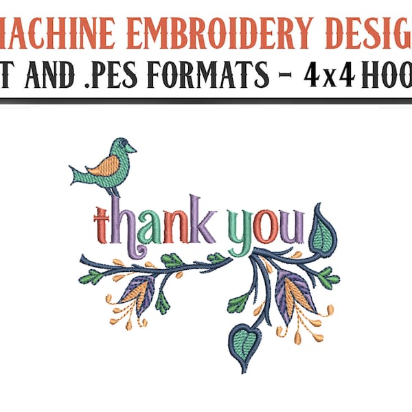 Thank You With German Folk Flowers - Machine Embroidery Design - Digital Download - 4x4 Hoops - DST and PES Formats