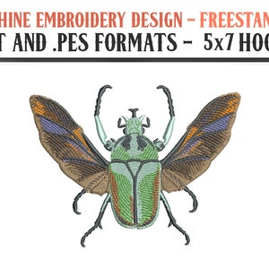 May include: Machine embroidery design of a green and brown beetle with wings spread. The design is available in .DST and .PES formats and is suitable for 5x7 hoops.