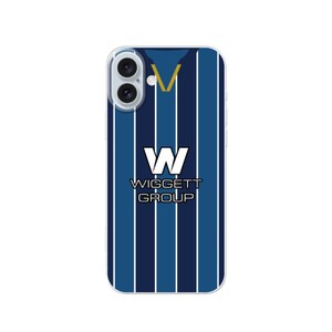 May include: A clear phone case with a blue and white striped pattern, a gold V-neck design, and the white letter "W". The text "Wiggett Group" is printed below the letter.