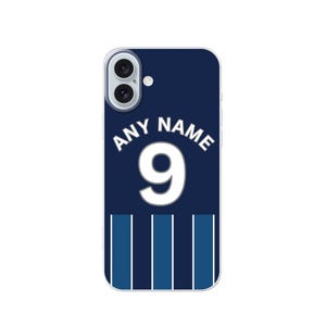 May include: A navy blue phone case featuring the text "ANY NAME" above the number "9" in white. The bottom of the case has vertical blue stripes. The phone case is designed to fit a smartphone.