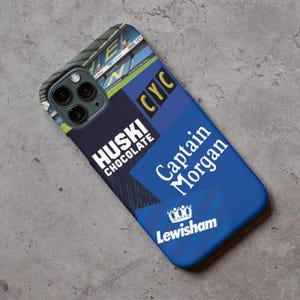 May include: A blue and black phone case with a white design. The design includes the words "Huski Chocolate", "Captain Morgan", and "Lewisham".
