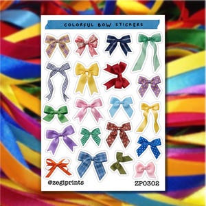 May include: A sheet of colourful bow stickers. The stickers showcase diverse bow designs in various colours and patterns, including plaid, floral, and polka dots. The text "COLORFUL BOW STICKERS" is at the top, and the seller's handle and product code are at the bottom.