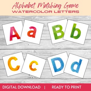 Puede incluir: Juego de correspondencia de alfabeto imprimible con letras de acuarela. Las letras A, B, C y D se muestran en mayúsculas y minúsculas.