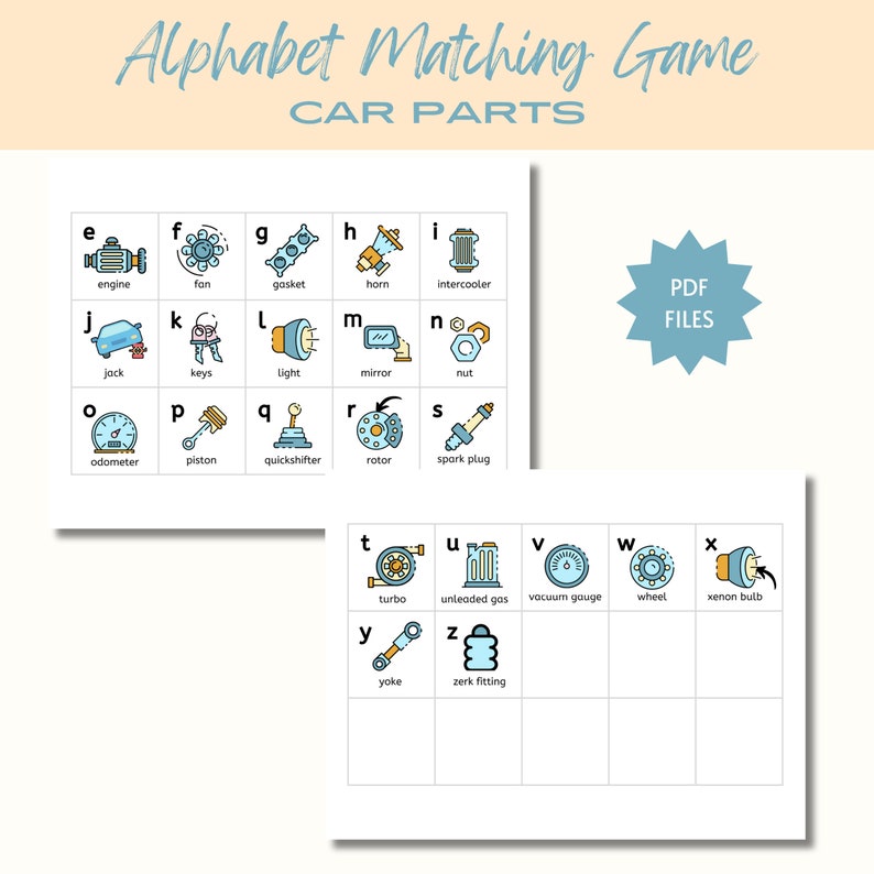 PRINTABLE ABC Alphabet Car Parts Matching Memory Game | Kids | A-Z ...