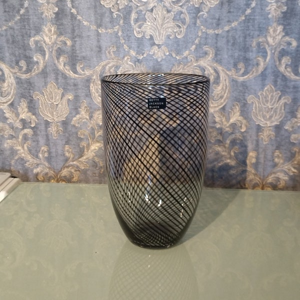 Betty Jackson Black Art Glass Vase Clear Black Stripes Abstract Modern Style Large Wide Vase Home Decor Accent