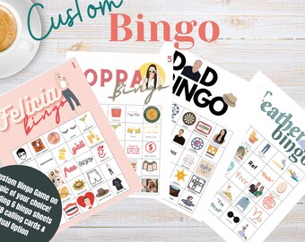 May include: Four printable bingo cards with different themes: "Felicia Bingo", "Oprah Bingo", "Dad Bingo", and "Heather Bingo". Each card has a 5x5 grid with various images and text related to the theme.