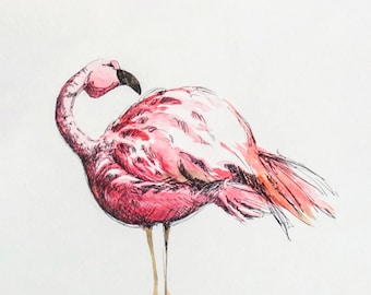 May include: A pink flamingo with a long neck and long legs is standing on one leg. The flamingo is drawn in watercolor and ink.