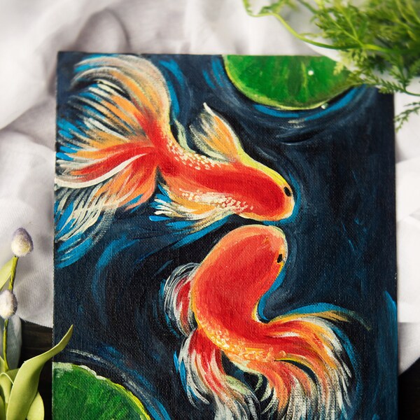 Acrílico pintado a mano sobre lienzo Goldfish agua lirios pared arte pared decoración original pintura original