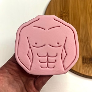 Puede incluir: Molde de silicona rosa con forma de torso humano con abdominales definidos.