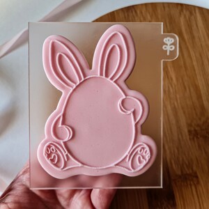 May include: A clear acrylic stamp featuring a pink bunny rabbit design. The bunny is sitting down with its ears up and its paws visible. The stamp is designed for crafting and creating projects.