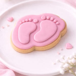 May include: A pink baby footprint biscuit on a white plate. The biscuit has a light brown base with pink icing showing two baby footprints. Small pink heart-shaped sweets and flowers surround the biscuit.