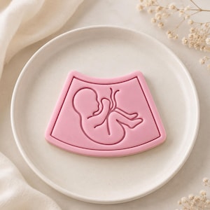 May include: A light pink cookie shaped like a trapezoidal ultrasound scan featuring a raised outline of a fetus in the center. The cookie is positioned on a round, off-white plate, showcasing a smooth surface and defined edges of the fetal silhouette.