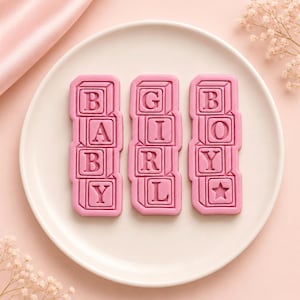 Puede incluir: Tres cortadores de galletas rectangulares de color rosa con letras en relieve. El primero dice BABY, el segundo GIRL y el tercero BOY con un símbolo de estrella. Están dispuestos verticalmente sobre un plato blanco con diseño limpio.