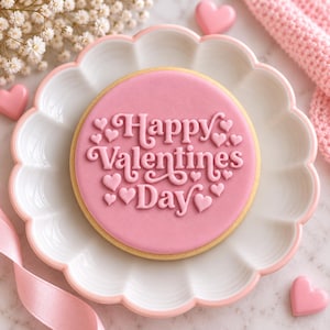 May include: A round sugar cookie with smooth pink icing featuring the embossed text Happy Valentines Day in a stylized font, surrounded by small raised heart shapes, centered on a white scalloped plate with a light pink rim and accents.