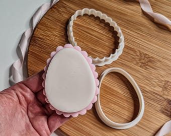 Puede incluir: Un juego de tres cortadores de galletas de plástico blanco en forma de huevo. Los cortadores están sobre una tabla de cortar de madera. El cortador más grande tiene un borde festoneado. El cortador más pequeño tiene un borde liso. Un huevo de fondant blanco se está sosteniendo en una mano, mostrando el tamaño de los cortadores.