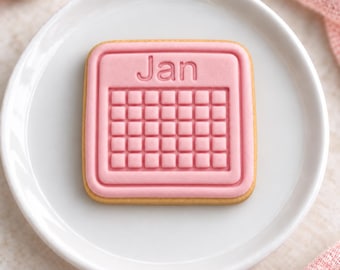 May include: A square-shaped cookie with a light tan edge and a smooth, raised pink fondant top. The pink surface features an embossed calendar grid design and the text Jan at the top, centered on a plain white circular plate.