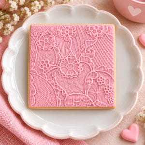 May include: A square cookie decorated with intricate pink icing featuring a detailed lace pattern of flowers and geometric netting. The cookie is centered on a white scalloped plate, showcasing a raised texture and precise piping work.