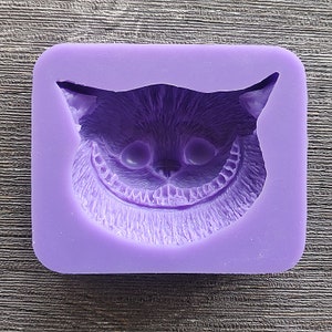 May include: A purple silicone mold featuring the face of the Cheshire Cat from Alice in Wonderland. The mold has a rectangular shape with rounded corners and a detailed depiction of the cat's grinning face, including its eyes, nose, and teeth.
