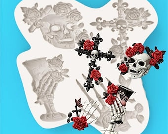 Halloween Vintage Gothic Rose Skull Cross Hand Bone Relief Silicone Mold, Gothic Style Fondant Chocolate Cake Baking Decoration Making