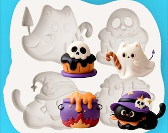 Halloween Black Cat Magic Cauldron Skull Four-in-One Embossed Silicone Mold, Cartoon Halloween Elements Fondant Chocolate Cake  Mold