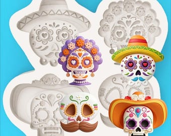 A Day of the Dead Flower Skull Relief Four-in-One Shape Silicone Mold for Halloween Dessert, Chocolate, Fondant Making