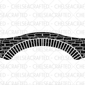 May include: Black and white illustration of a brick arch bridge. The bridge is made of black bricks with white mortar. The arch is made of white lines.