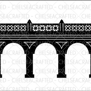 May include: Black silhouette of a bridge with three arches. The bridge has a decorative railing and towers on either side.