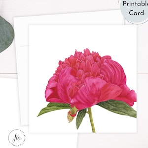 Cartão de felicitações de peônia aquarela para impressão, arte original, download digital floral, papelaria para download instantâneo, cartões de felicitações botânicos