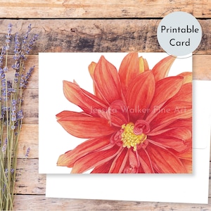 Tarjeta de felicitación con dalias en acuarela para imprimir, arte original, descarga digital floral, tarjeta descargable, tarjeta con notas botánicas, tarjetas en blanco