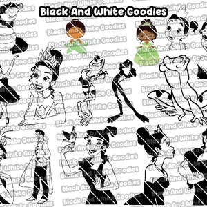 princesse et la grenouille svg, princesse et la silhouette de grenouille, silhouette tiana, tiana svg, contour tiana, princesse et le contour de grenouille