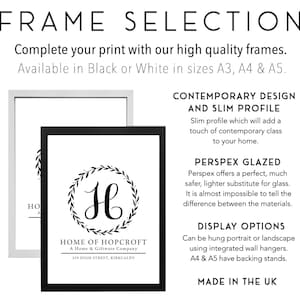 May include: Black and white framed print with a wreath and the letter H in the center. The text below reads "HOME OF HOPCROFT, A Home & Giftware Company, 334 HIGH STREET, KIRKCALDY". The image shows framing options for prints in black or white frames.