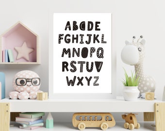 Scandi Mono Alphabet | Kids | Playroom | Nursery | Bedroom | Gift | Bespoke | A5 | A4 | A3 | Framed