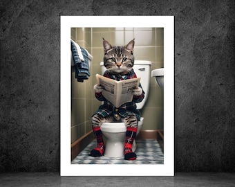 Tabby Cat on Toilet-Jacket Bathroom Art Funny | Pet Cat Print Poster | Animal Art | Gift | Bespoke | Poster | A5 | A4 | A3