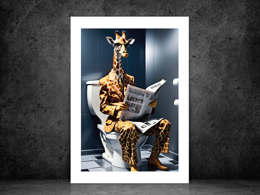 Giraffe on Toilet Bathroom Art Funny Animal Print Poster Animal Art ...